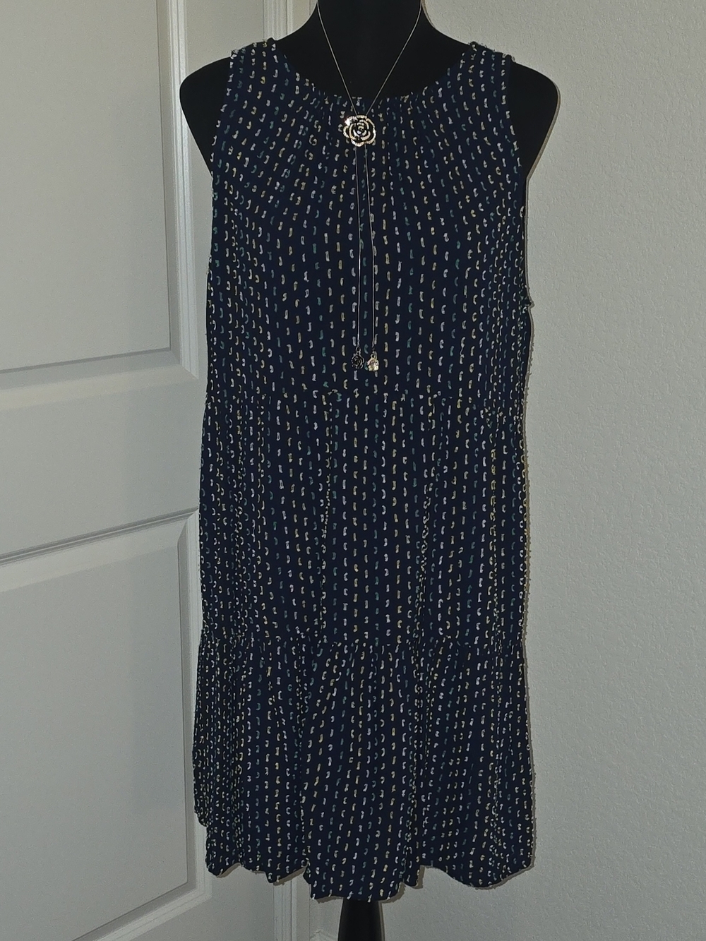 LOFT Navy Sleeveless Printed Midi Dress